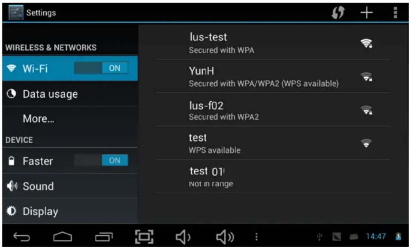 Settings WIRELESS & NETWORKS Wi-Fi ON Data usage More... DEVICE Faster ON Sound Display Ius-test Secured with WPA YunH Secured with WPA/WPA2 (WPS available) Ius-f02 Secured with WPA2 test WPS available test 01 Not in range