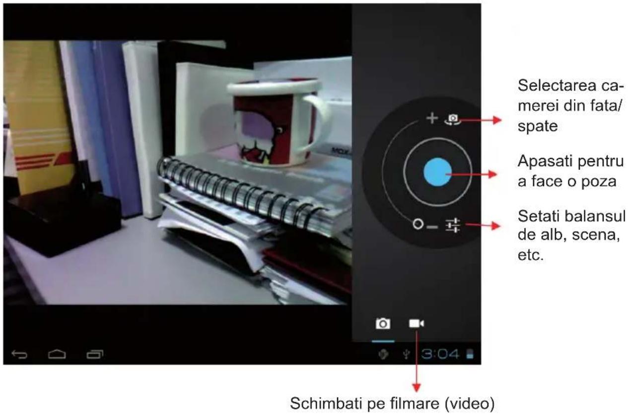 Selectarea ca- merei din fata/ spate Apasati pentru a face o poza Setati balansul de alb, scena, etc. Schimbati pe filmare (video)