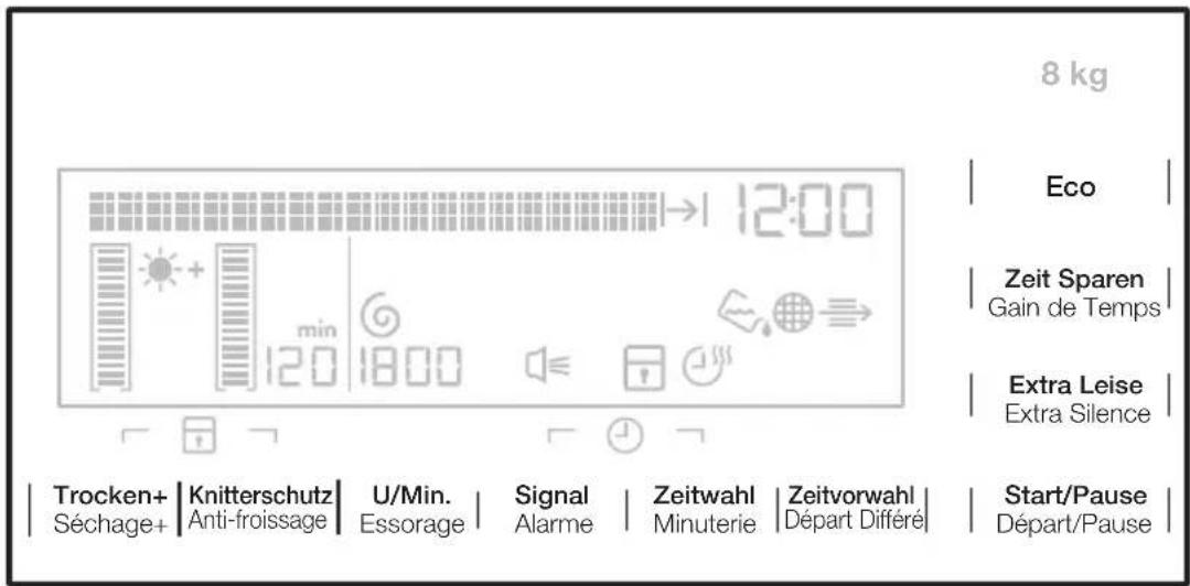 8 kg Eco Zeit Sparen Gain de Temps Extra Leise Extra Silence Trocken+ Knitterschutz U/Min. Signal Zeitwahl Zeitvorwahl Start/Pause Séchage+ Anti-froissage Essorage Alarme Minuterie Départ Différé Départ/Pause