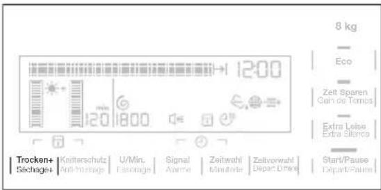 8 kg Eco Zeit Sparen Gain de Temps Extra Leise Extra silence Trocken+ Knitterschutz U/Min. Signal Zeitwahl Zeitworwahl Start/Pause Séchage+ Anti-massage Emissione Alarme Mouterie Départure Départ/Faison