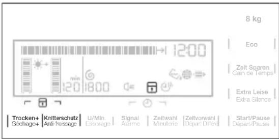 8 kg Eco Zeit Sparen Cain de Temps Extra Leise Extra Silence Trocken+ Knitterschutz U/Min Signal Zeitwahl Zeltvorwahl Start/Pause Séchage+ Anti-fossages Essorage Avarne Minuterie Départ D'érê Départ/Psuse