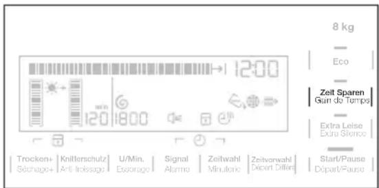 8 kg Eco Zeit Sparen Gain de Temps Extra Leise Extra Science Start/Pause Départ/Pause Trocken+ Knitterschutz U/Min. Signal Zeitwahl Zeitvorwahl Séchage+ Anti Troissage Essorage Alarme Minutorie Départ Diférés 12:00 12:00 18:00
