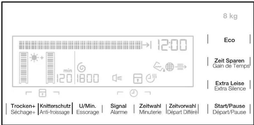 8 kg Eco Zeit Sparen Gain de Temps Extra Leise Extra Silence Trocken+ Séchage+ Knitterschutz Anti-froissage U/Min. Essorage Signal Alarme Zeitwahl Minuterie Zeitvorwahl Départ Différé Start/Pause Départ/Pause