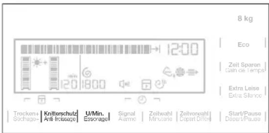 8 kg Eco Zeit Sparen Gain de Tempel Extra Leise Extra Silence Trocken+ Knitterschuld U/Min. Signal Zeitwahl Zeitvorwahl Sachage- Anti-Icissage Essorage Alarme Minutene Depart Differ Start/Pause Depart/Pause