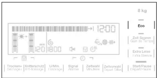 8 kg Eco Zeit Sparen Gain do Temps Extra Loise Extra Silence Start/Pause Depart/Pause Trocken+ Séchnage- Knitterschutz Anti-folssage U/Min. Essorage Signal Alisme Zeitwahl Minuterie Zeitvorwahl Depart fällige