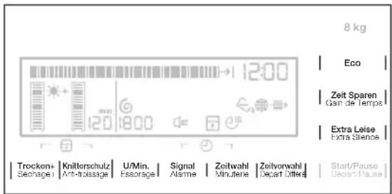 8 kg Eco Zeit Sparen Gain de Temps Extra Leise Extra Silence Trocken+ Szenlage1 Knitterschulz Ant-dissage U/Min. Estorage Signal Alsmie Zeitwahl Minutenie Zeitvorwahl Depart Differa Start/Pause Deoan/Pause