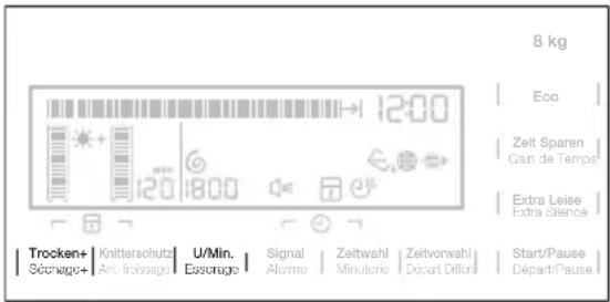 8 kg Eco Zeit Sparen Can de Tempe Extra Leise Extra silence Trocken+ Knitterschutz U/Min. Signal Zeitwahl Zeitvonwahl Séchage+ Anti-floissage Easorage Alamro Minutonic Départ Differr Start/Pause Départ/Pause