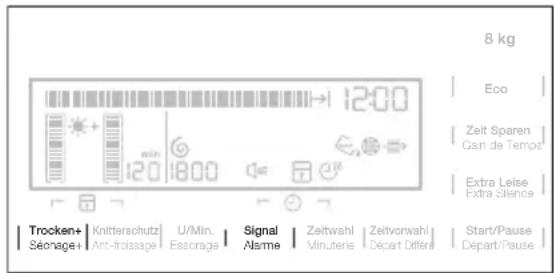 8 kg Eco Zeit Sparen Gan de Temps Extra Leise Extra silence Trocken+ Séonage+ Knitterschutz Ant-froissage U/Min. Fascrage Signal Alarme Zeitwahl Minuterie Zeitvorwahl Départ Différé Start/Pause Départ/Pause