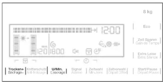 8 kg Eco Zeit Sparen Cain de Tempe Extra Leise Extra Silence Trocken+ Séchage- Knitterschutz Anti-téissage U/Min. Essorage Signal Alarme Zeitwahl Minutere Zeltvorwahl Départ Citére Start/Pause Départ/Pause