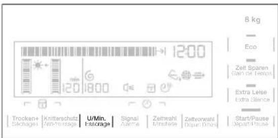 8 kg Eco Zeit Sparen Gain de temps Extra Leise Extra Blance Trocken+ Séchages Knitterschutz Anti-foissage U/Min. Fissorage Signal Aurine Zeltwahi Minuérée Zeltworwahi Départ/Dien Start/Pause Départ/Pause