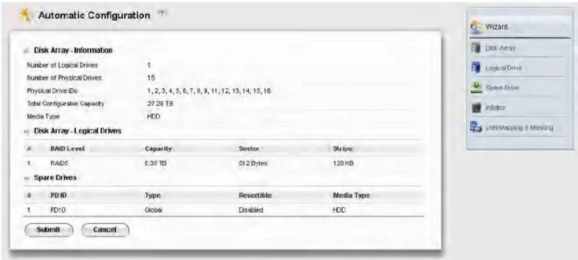 Automatic Configuration Disk Array - Information Number of Logical Drives 1 Number of Physical Drives 15 Physical Drive IDs 1,2,3,4,5,6,7,8,9,11,12,13,14,15,16 Total Configurable Capacity 27.28 TB Media Type HDD Disk Array - Logical Drives RAID Level Capacity Sector Stripe RAIDS 6.35 TB S12 Bytes 12…