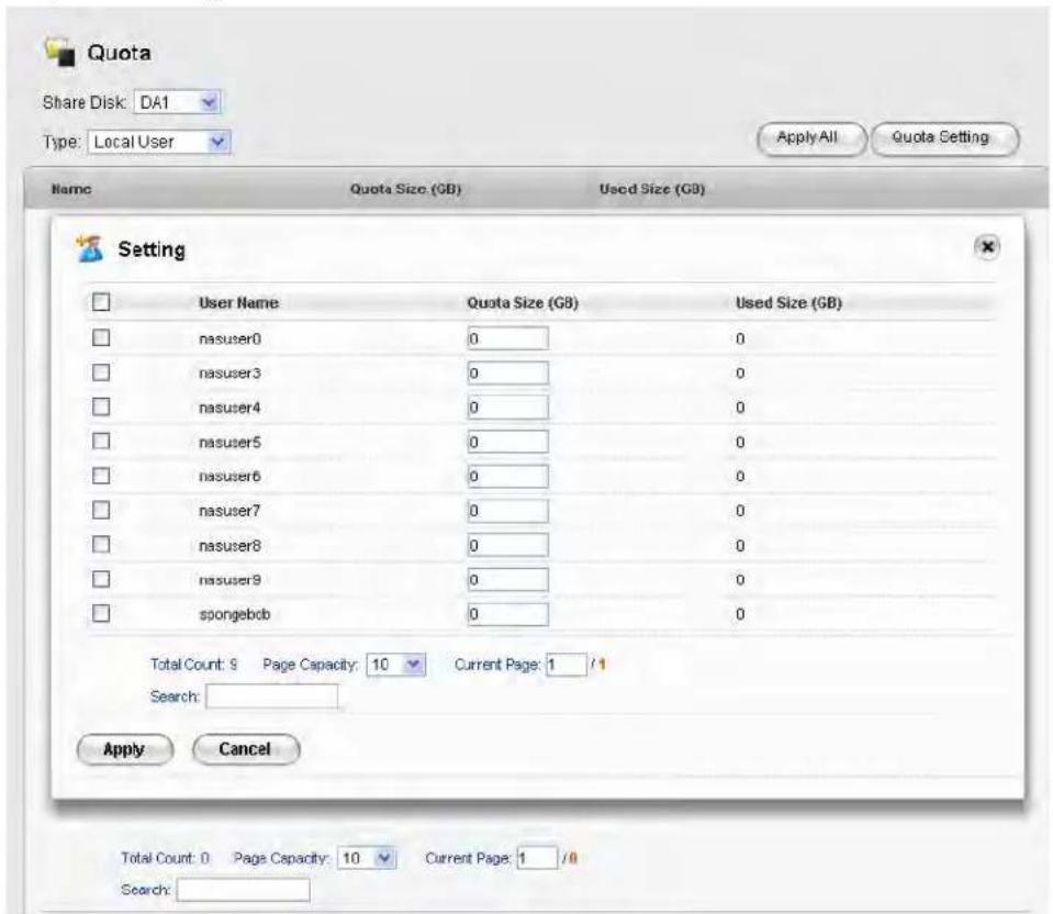 Quota Share Disk: DA1 Type: Local User Apply All Quota Setting Name Quota Size (GB) Used Size (GB) Setting User Name Quota Size (GB) Used Size (GB) nasuser0 0 0 nasuser3 0 0 nasuser4 0 0 nasuser5 0 0 nasuser6 0 0 nasuser7 0 0 nasuser8 0 0 nasuser9 0 0 spongebob 0 0 Total Count: 9 Page Capacity: 10 C…