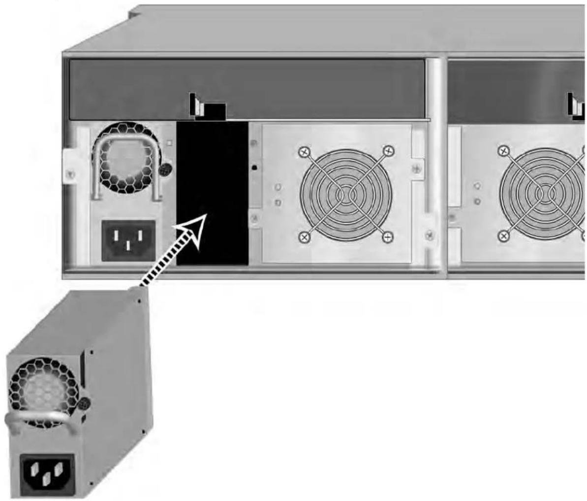 Diagram of a computer power supply unit showing front panel and rear panel with fan and socket (no text or symbols)