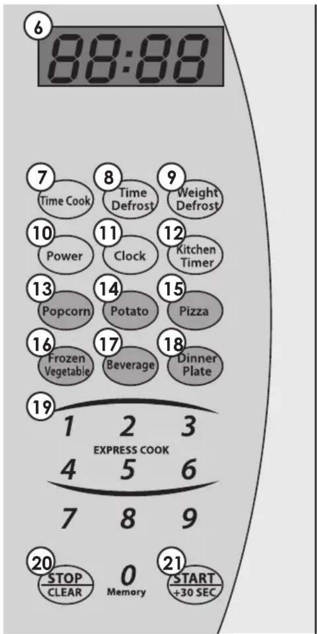 6 88:88 7 Time Cook 8 Time Defrost 9 Weight Defrost 10 Power 11 Clock 12 Kitchen Timer 13 Popcorn 14 Potato 15 Pizza 16 Frozen Vegetable 17 Beverage 18 Dinner Plate 19 1 2 3 EXPRESS COOK 4 5 6 7 8 9 20 STOP 0 21 CLEAR Memory +30 SEC