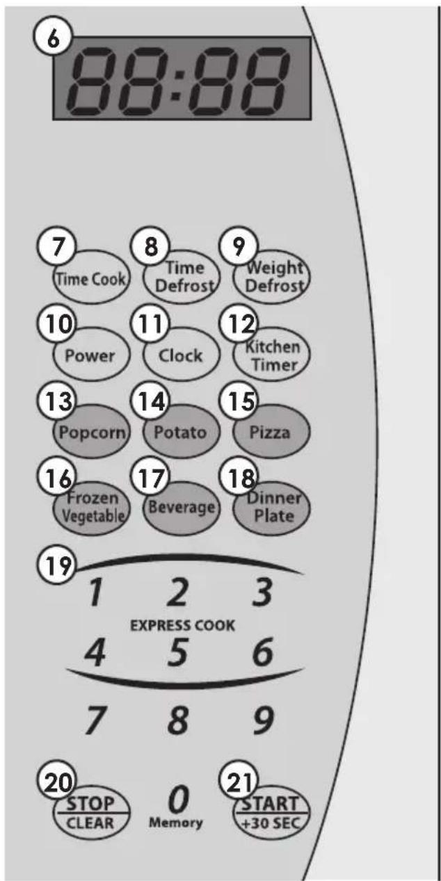 6 88:88 7 Time Cook 8 Time Defrost 9 Weight Defrost 10 Power 11 Clock 12 Kitchen Timer 13 Popcorn 14 Potato 15 Pizza 16 Frozen Vegetable 17 Beverage 18 Dinner Plate 19 1 2 3 EXPRESS COOK 4 5 6 7 8 9 20 STOP 0 Memory 21 START +30 SEC CLEAR Memory