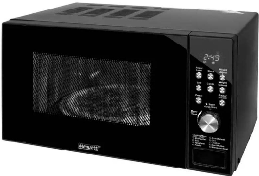 2:49 Menuetti® Power Level Clock Weight Adjust Weight Detrost Grill Comb. Pause/ Pause/Go/H21 Reset Start/ Quick Start 7 Menu Time Cooking Menu 1 Big Coffee 2 Blue 3 Bighetti 4 Potato 5 Auto Reheat 6 Fish 7 Chicken 8 Sweet Chicken 9 Stewness Meat
