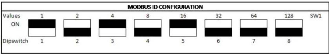MODBUS ID CONFIGURATION | Values | ON | Dipswitch | |---|---|---| | 1 | 2 | 1 | | 2 | 3 | 2 | | 4 | 8 | 3 | | 16 | 4 | 5 | | 32 | 5 | 6 | | 64 | 7 | 7 | | 128 | 8 | 8 | SW1