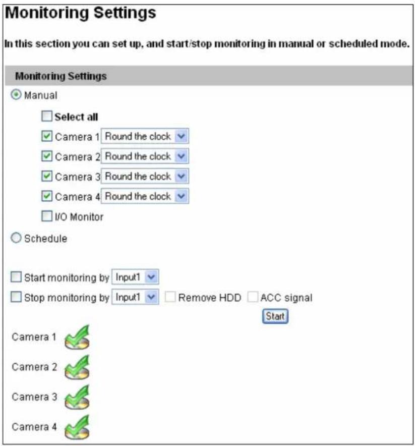 Monitoring Settings In this section you can set up, and start/stop monitoring in manual or scheduled mode. Monitoring Settings ● Manual □ Select all ✓ Camera 1 Round the clock ✓ ✓ Camera 2 Round the clock ✓ ✓ Camera 3 Round the clock ✓ ✓ Camera 4 Round the clock ✓ □ I/O Monitor ○ Schedule □ Start monitoring by Input1 ✓ □ Stop monitoring by Input1 ✓ Remove HDD □ ACC signal Start Camera 1 ✓ Camera 2 ✓ Camera 3 ✓ Camera 4 ✓