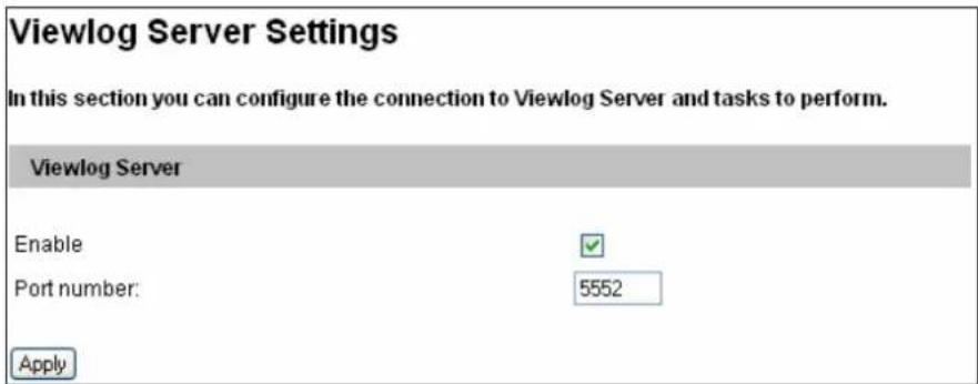 Viewlog Server Settings In this section you can configure the connection to Viewlog Server and tasks to perform. Viewlog Server Enable Port number: 5552 Apply