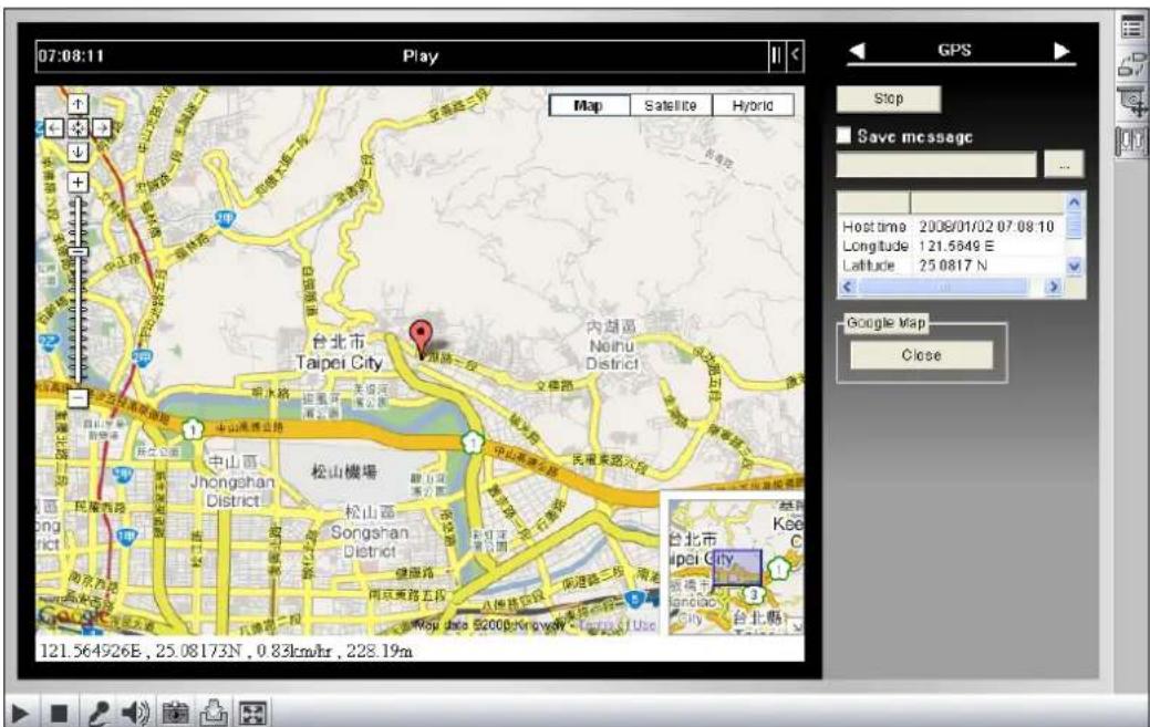 07:08:11 Play Map Satellite Hybrid Stop Save messagec Host time 2008/01/02 07.08.10 Longitude 121.5649 E Latitude 25.0817 N Google Map Close 121.564926E, 25.08173N, 0.83km/hr, 228.19m