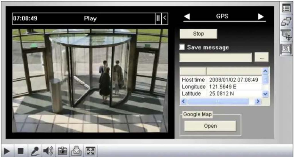 07:08:49 Play GPS Stop Save message Host time 2008/01/02 07:08:49 Longitude 121.5649 E Latitude 25.0812 N Google Map Open