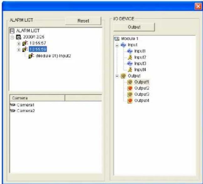 ALARM LIST 20001 2/25 10.56:57 10.56:58 (Module 01) Input2 VO DEVICE Output Module 1 Input Input1 Input2 Input3 Input4 Output Output1 Output2 Output3 Output4 Camera Camera1 Camera2
