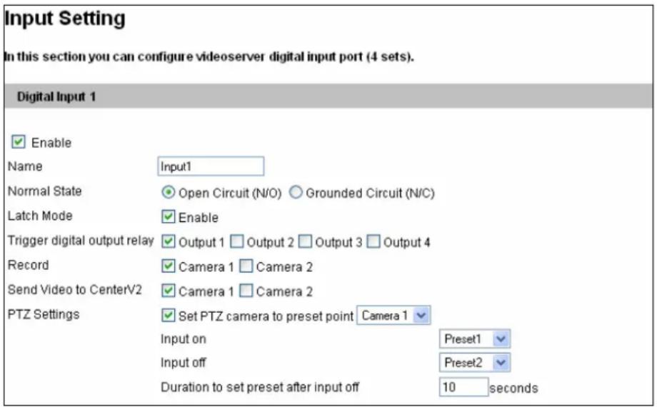 Input Setting In this section you can configure videoserver digital input port (4 sets). Digital Input 1 Enable Name Input1 Normal State Open Circuit (N/O) Grounded Circuit (N/C) Latch Mode Enable Trigger digital output relay Output 1 Output 2 Output 3 Output 4 Record Camera 1 Camera 2 Send Video to CenterV2 Camera 1 Camera 2 PTZ Settings Set PTZ camera to preset point Camera 1 Input on Preset1 Input off Preset2 Duration to set preset after input off 10 seconds
