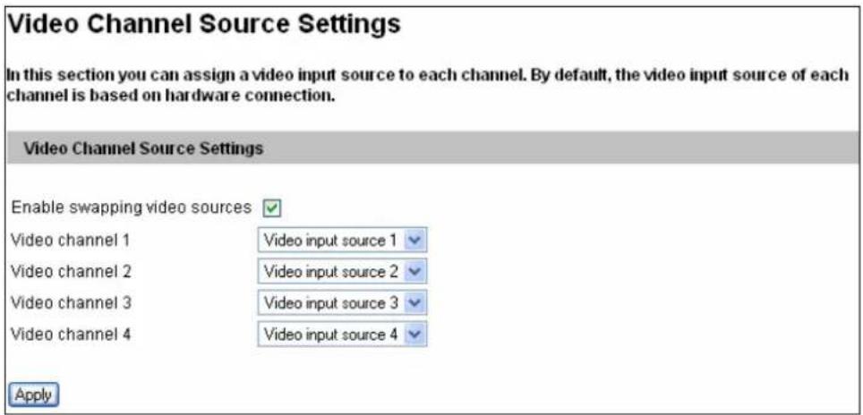 Video Channel Source Settings In this section you can assign a video input source to each channel. By default, the video input source of each channel is based on hardware connection. Video Channel Source Settings Enable swapping video sources ✓ Video channel 1 Video input source 1 ✓ Video channel 2 Video input source 2 ✓ Video channel 3 Video input source 3 ✓ Video channel 4 Video input source 4 ✓ Apply