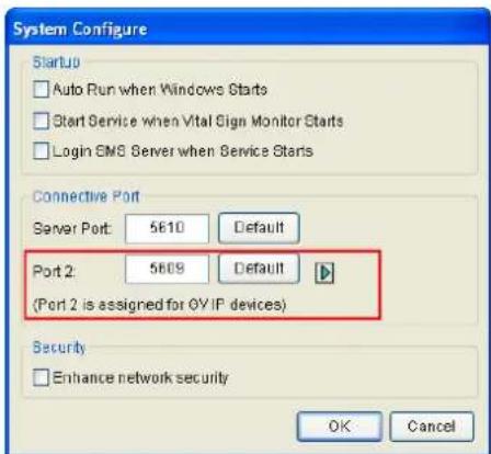 System Configure Startup □ Auto Run when Windows Starts □ Start Service when Vital Sign Monitor Starts □ Login ENS Server when Service Starts Connective Port Server Port: 5610 Default Port 2: 5609 Default (Port 2 is assigned for OY IP devices) Security □ Enhance network security OK Cancel