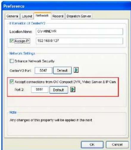 Preference General Layout Network Record Dispatch Server Information of CenterV2 Location Name: GV-MNIDVR Assign IP: 102.168.0.127 Network Settings Enhance Network Security CenterV2 Port: 5547 Default Accept connections from GV-Compact DVR, Video Server & IP Cam Port 2: 5551 Default Note Any changes of this property will be applied in the next OK Cancel