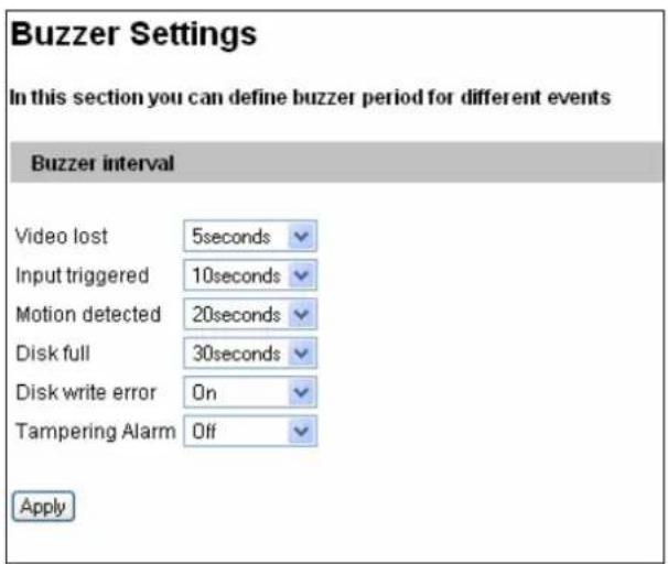 Buzzer Settings In this section you can define buzzer period for different events Buzzer interval Video lost 5seconds Input triggered 10seconds Motion detected 20seconds Disk full 30seconds Disk write error On Tampering Alarm Off Apply