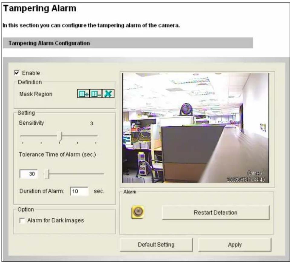 Tampering Alarm In this section you can configure the tampering alarm of the camera. Tampering Alarm Configuration Enable Definition Mask Region Setting Sensitivity 3 Tolerance Time of Alarm (sec.) 30 Duration of Alarm: 10 sec. Option Alarm for Dark Images Alarm Restart Detection Default Setting Apply