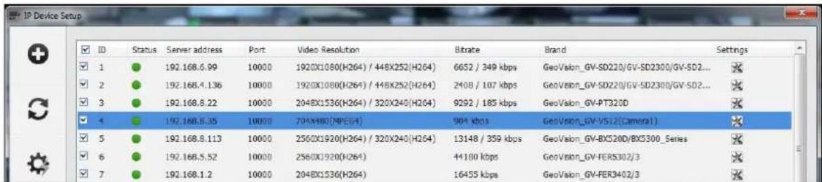 IP Device Setup ID Status Server address Port Video Resolution Btrate Brand Settings 1 ● 192.168.6.99 10000 1920X1080(H264) / 448X252(H264) 6652 / 349 kbps GeoVision_GV-SD220/GV-SD2300/GV-SD2... 2 ● 192.168.4.136 10000 1920X1080(H264) / 448X252(H264) 2408 / 107 kbps GeoVision_GV-SD220/GV-SD2300/GV-SD2... 3 ● 192.168.8.22 10000 204BX1536(H264) / 320X240(H264) 9292 / 185 kbps GeoVision_GV-PT320D 4 ● 192.168.8.35 10000 704X980[NPE64] 904 kbps GeoVision_GV-VSI2(Camera) 5 ● 192.168.8.113 10000 2560X1920(H264) / 320X240(H264) 13148 / 359 kbps GeoVision_GV-BXS20D/BXS300_Series 6 ● 192.168.5.52 10000 2560X1920(H264) 44180 kbps GeoVision_GV-FERS302/3 7 ● 192.168.1.2 10000 204BX1536(H264) 16455 kbps GeoVision_GV-FER3402/3