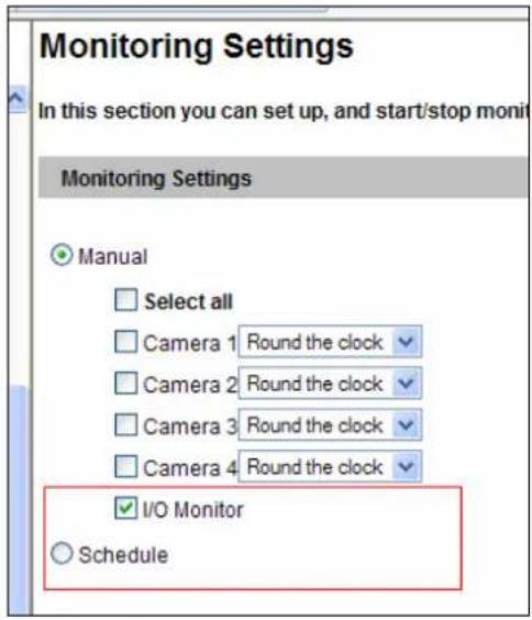 Monitoring Settings In this section you can set up, and start/stop moni Monitoring Settings Manual Select all Camera 1 Round the clock Camera 2 Round the clock Camera 3 Round the clock Camera 4 Round the clock I/O Monitor Schedule