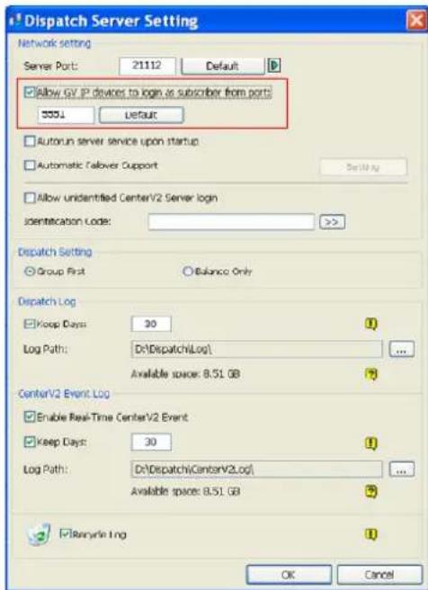 Dispatch Server Setting Network setting Server Port: 21112 Default Allow GV IP devices to login as subscriber from port: 3554 Default Autorun server service upon startup Automatic Callover Support Allow unidentified CenterV2 Server login identification code: >> Dispatch Setting Group First Balance Only Dispatch Log Keep Days: 30 Log Path: D:\Dispatch\Log\ Available space: 8.51 GB CenterV2 Event Log Enable Real-Time CenterV2 Event Keep Days: 30 Log Path: D:\Dispatch\CenterV2.log\ Available space: 8.51 GB Binarying OK Cancel