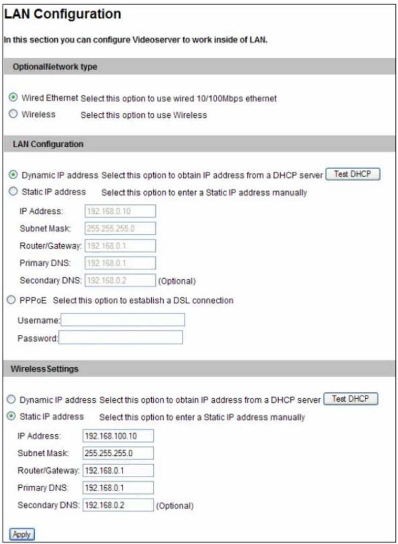 LAN Configuration In this section you can configure Videoserver to work inside of LAN. OptionalNetwork type Wired Ethernet Select this option to use wired 10/100Mbps ethernet Wireless Select this option to use Wireless LAN Configuration Dynamic IP address Select this option to obtain IP address from a DHCP server Test DHCP Static IP address Select this option to enter a Static IP address manually IP Address: 192.168.0.10 Subnet Mask: 255.255.255.0 Router/Gateway: 192.168.0.1 Primary DNS: 192.168.0.1 Secondary DNS: 192.168.0.2 (Optional) PPPoE Select this option to establish a DSL connection Username: Password: Wireless Settings Dynamic IP address Select this option to obtain IP address from a DHCP server Test DHCP Static IP address Select this option to enter a Static IP address manually IP Address: 192.168.100.10 Subnet Mask: 255.255.255.0 Router/Gateway: 192.168.0.1 Primary DNS: 192.168.0.1 Secondary DNS: 192.168.0.2 (Optional) Apply