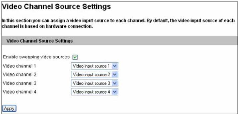 Video Channel Source Settings In this section you can assign a video input source to each channel. By default, the video input source of each channel is based on hardware connection. Video Channel Source Settings Enable swapping video sources ✓ Video channel 1 Video input source 1 ✓ Video channel 2 Video input source 2 ✓ Video channel 3 Video input source 3 ✓ Video channel 4 Video input source 4 ✓ Apply