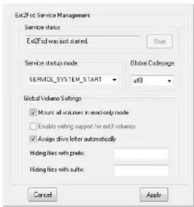 Ex2Fsd Service Management Service status Ex2Fsd was just started. Start Service startup mode SERVICE_SYSTEM_START Global Codepage wf0 Global Volume Settings ✓ Mount all volumes in read-only mode ☐ Enable webing support for ex3 volumes ✓ Assign drive letter automatically Hiding files with prefix: Hiding files with suffix: Cancel Apply