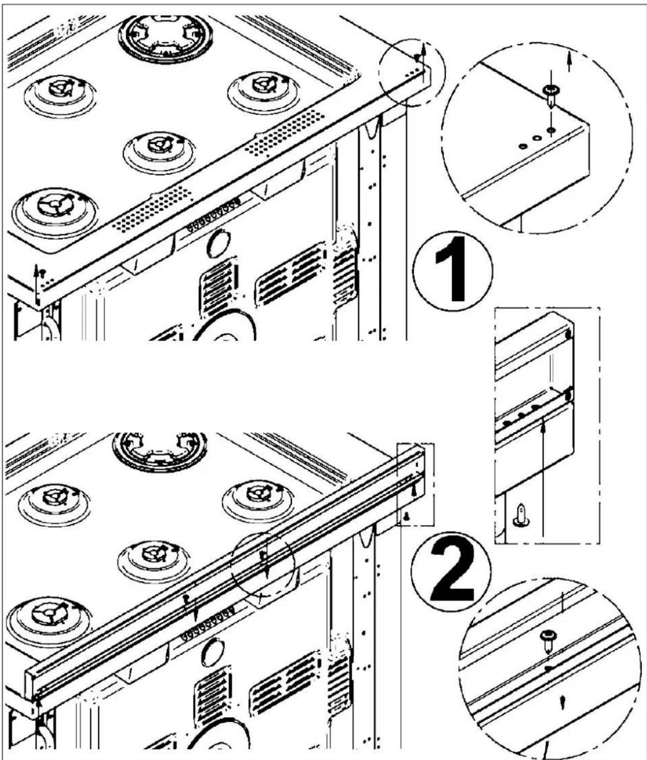 Technical diagram showing mechanical assembly steps with numbered annotations and component layouts