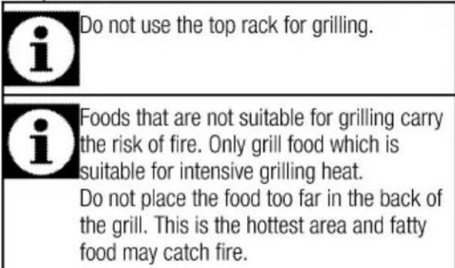Do not use the top rack for grilling. Foods that are not suitable for grilling carry the risk of fire. Only grill food which is suitable for intensive grilling heat. Do not place the food too far in the back of the grill. This is the hottest area and fatty food may catch fire.