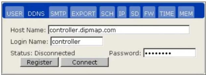 USER DDNS SMTP EXPORT SCH IP SD FW TIME MEM Host Name: controller.dipmap.com Login Name: controller Status: Disconnected Password: ******** Register Connect