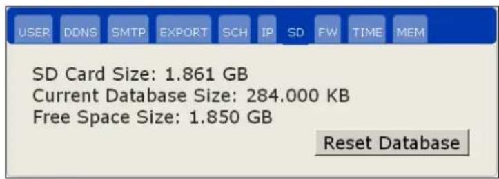 USER DDNS SMTP EXPORT SCH IP SD FW TIME MEM SD Card Size: 1.861 GB Current Database Size: 284.000 KB Free Space Size: 1.850 GB Reset Database