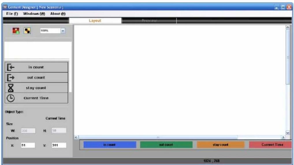 Content Designer [ New Scenario ] File (F) Windows (W) About (H) Layout Preview 100% In count out count stay count Current Time Object Type: Current Time Size W: 300 H: 50 Position X: 51 Y: 311 in count out count stay count Current Time 1024 .768