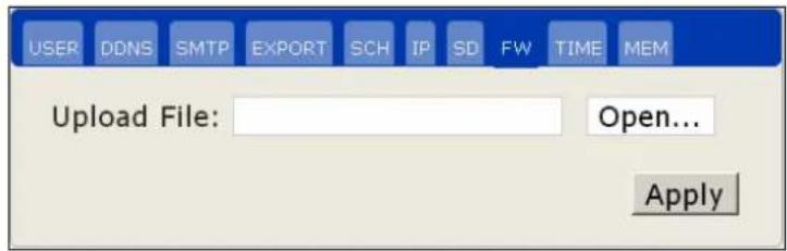 USER DDNS SMTP EXPORT SCH IP SD FW TIME MEM Upload File: Open... Apply