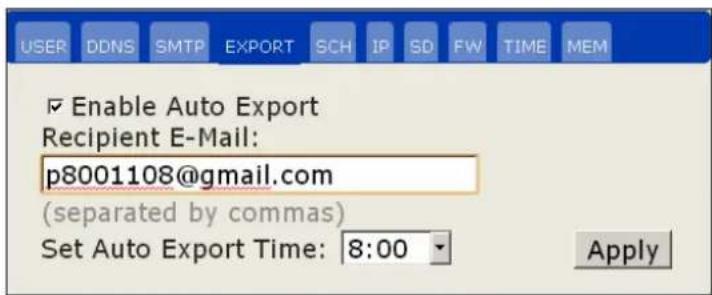 USER DDNS SMTP EXPORT SCH IP SD FW TIME MEM Enable Auto Export Recipient E-Mail: p8001108@gmail.com (separated by commas) Set Auto Export Time: 8:00 Apply