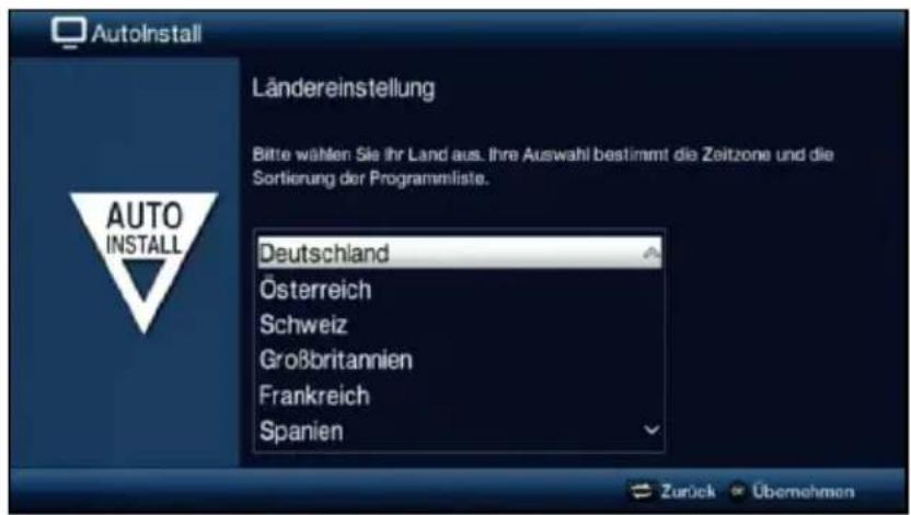 AutoInstall Ländereinstellung Bitte wählen Sie ihr Land aus. Ihre Auswahl bestimmt die Zeitzone und die Sortierung der Programmliste. AUTO INSTALL Deutschland Österreich Schweiz Großbritannien Frankreich Spanien Zurück Übernehmen