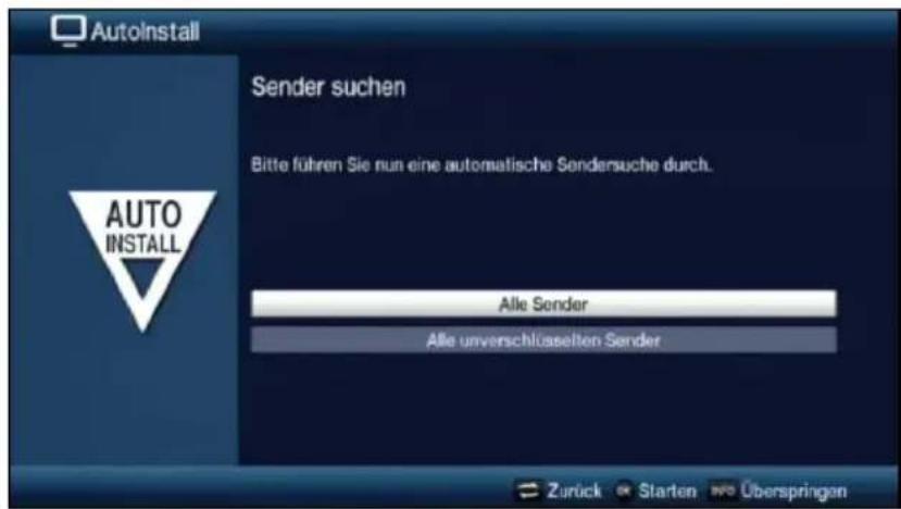 AutoInstall Sender suchen Bitte führen Sie nun eine automatische Sendersuche durch. AUTO INSTALL Alle Sender Alle unverschlüsselten Sender Zurück Starten we Überspringen