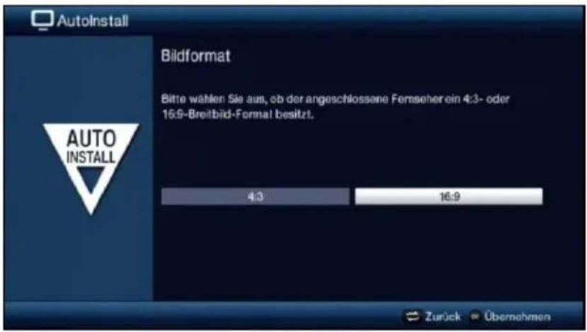 AutoInstall Bildformat Bitte wählen Sie aus, ob der angeschlossene Femseherein 4:3- oder 16:9-Breitbild-Format besitzt. AUTO INSTALL 4:3 16:9 Zurück Übernehmen