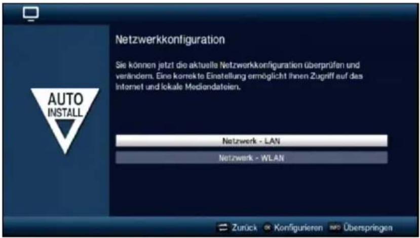 Netzwerkkonfiguration Sie können jetzt die aktuelle Netzwerkkonfiguration überprüfen und verändern. Eine korrekte Einstellung ermöglicht ihnen Zugriff auf das Internet und lokale Mediendateien. Auto INSTALL Netzwerk - LAN Netzwerk - WLAN Zurück Konfigurieren Überspringen