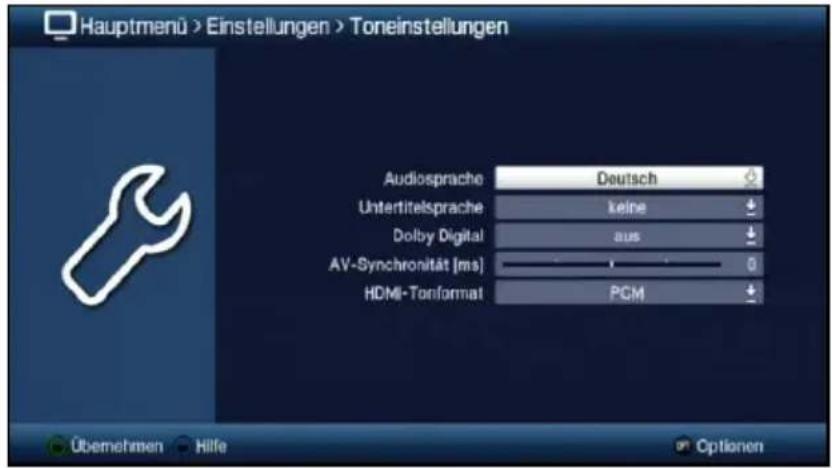 Hauptmenü > Einstellungen > Toneinstellungen Audiosprache Deutsch Untertitelsprache keine Dolby Digital aus AV-Synchronität [ms] 0 HDMI-Tonformat PCM Übemehmen Hilfe Optionen